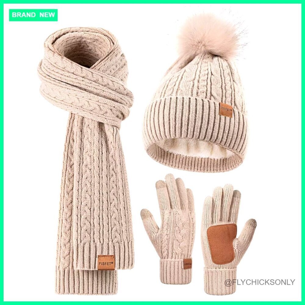 Fleece Lined Pom Pom Beanie Scarf Touchscreen Gloves Winter Set